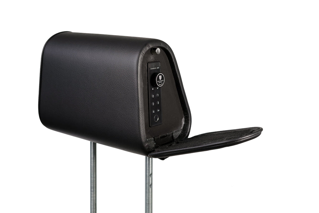 Vulcan Headrest Safe with door open revealing keypad locking mechanism